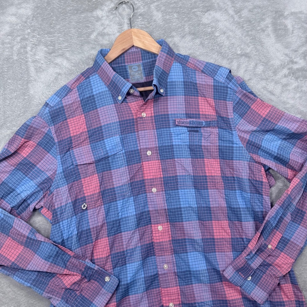 Vineyard Vines Harbor Shirt Mens XL Blue Pink Plaid Vented Fishing Button Down